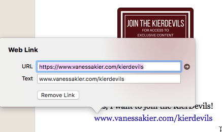 Screenshot Web Links A screenshot showing the Web Link box with an input box for the URL and one for Text and a button saying Remove Link
