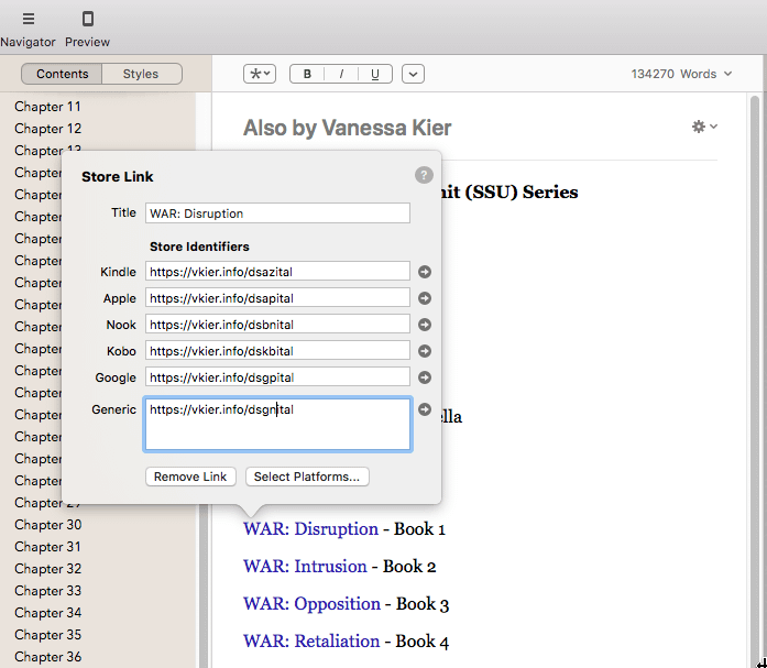 Screenshot of the Store Link popup box in Vellum with the following input boxes: Title, Kindle, Apple, Nook, Kobo, Google, Generic and two buttons Remove Link and Select Platforms
